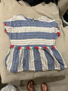 ANDREE BY UNIT Blue & White Striped Tassel Peplum Top